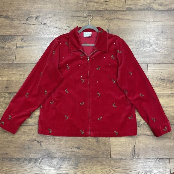Quacker Factory Jacket Size Large Red Velvet Embroidered Holly Full Zip Cardigan - Picture 1 of 13